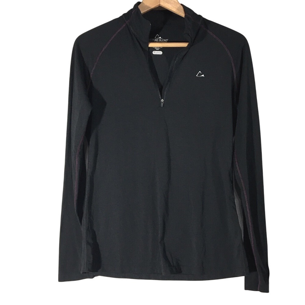 Merino Blend by Paradox 3/4 Zip Wool Base Layer Top‎ Med Black Pink Thumb Holes